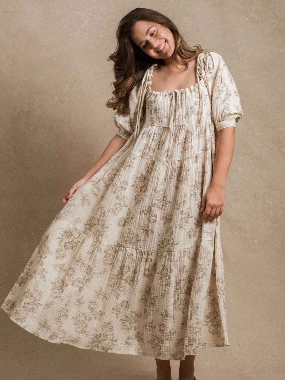 Nueflora Cream Floral Tiered Maxi Dress